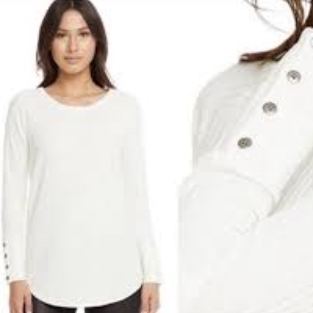 Chaser Womens Off‎ White Round Neck Long Sleeve Button Knit Top Size Large